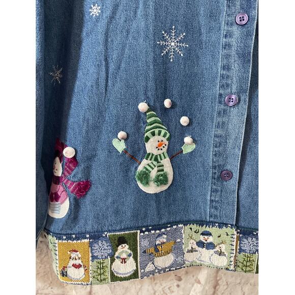 Vintage 90’s Lemon Grass Christmas Denim Shirt Top Snowman Sz Large - Picture 6 of 8